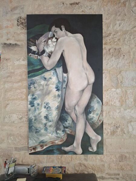 Copie toile de renoir."jeune gar&ccedil;on au chat".huile s/toile. Collection priv&eacute;e.