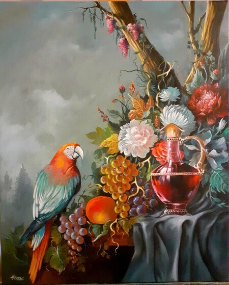 NATURE MORTE AU PERROQUET.12 f.huile sur toile.prix.me contacter..